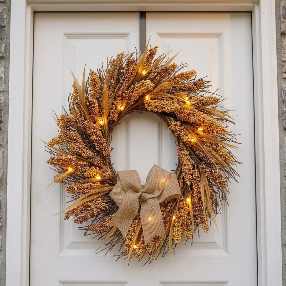 Autumn Harvest Light Up Bow Door Wreath