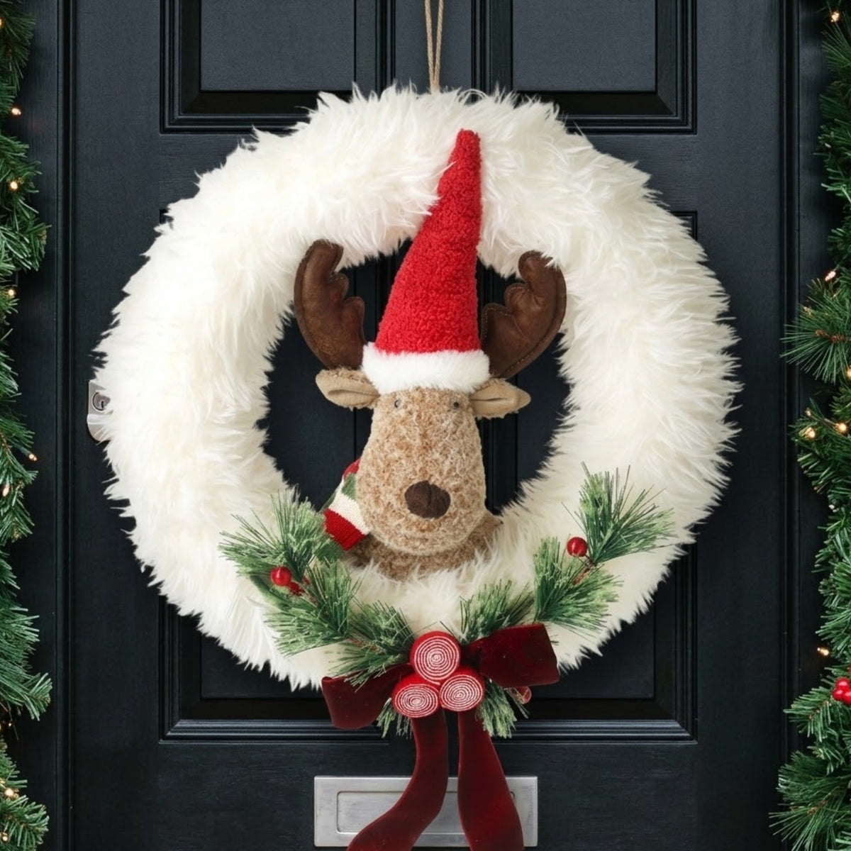Fluffy White Reindeer Christmas Wreath