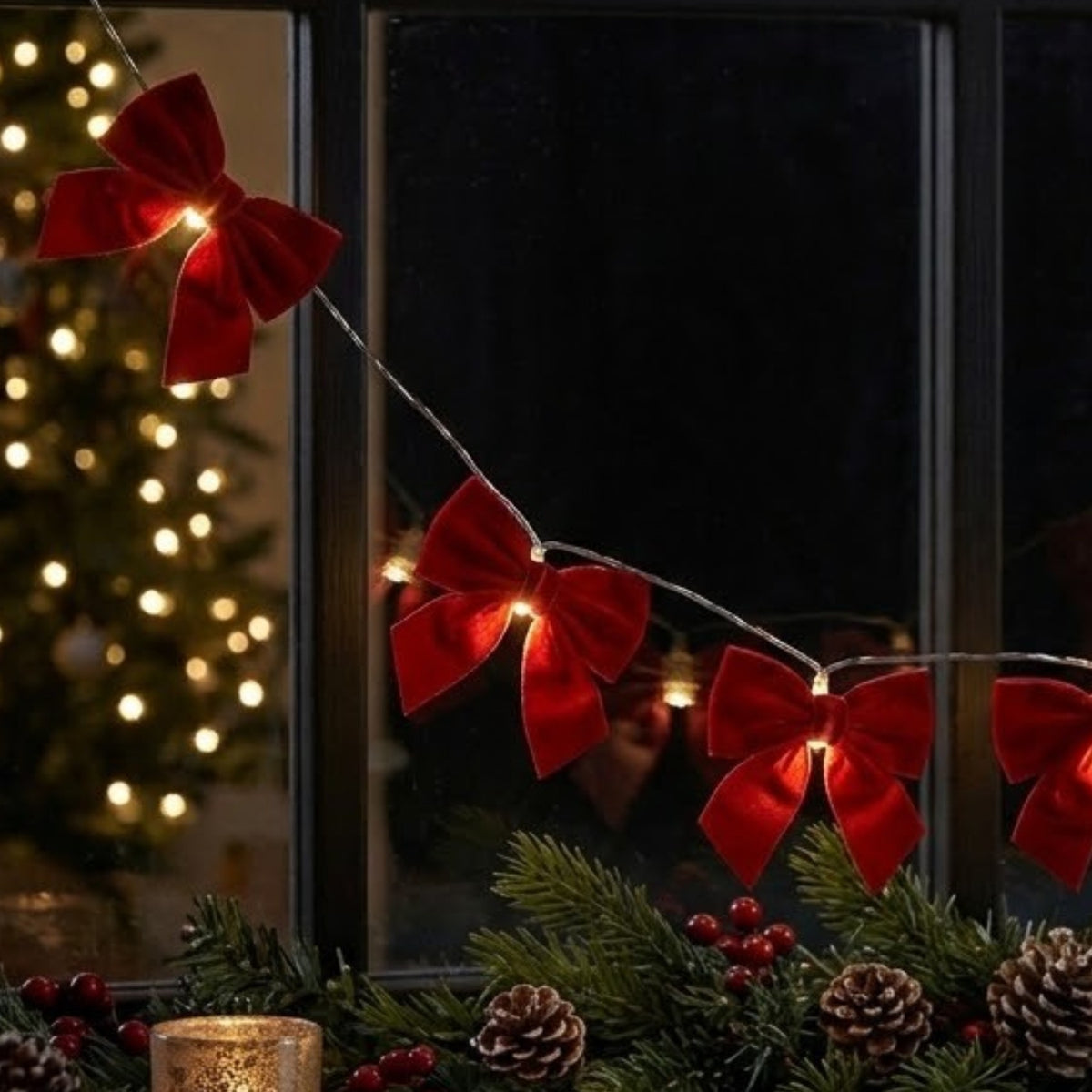 10 Festive Red Velvet Bow String Lights