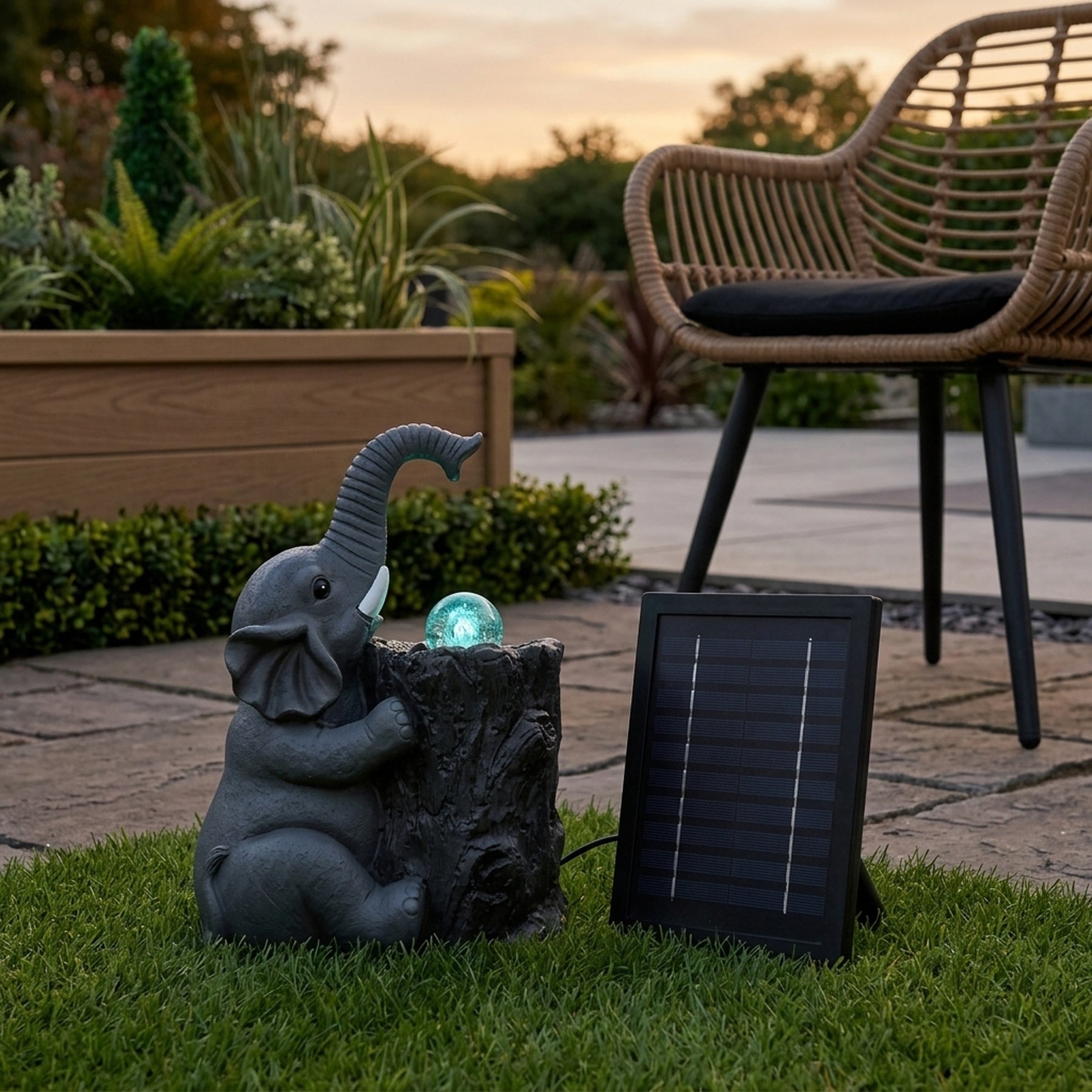 Elephant with Ball Solar Garden Water Feature