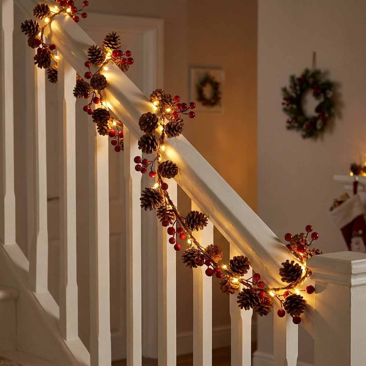 Battery Operated Illuminated Red Berry and Pine Cone Garland