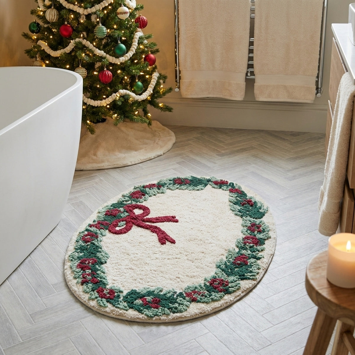 Festive Wreath Design Bath Mat