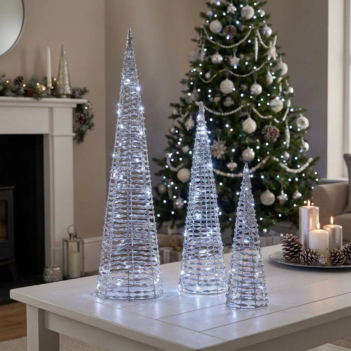 GlitterTwist Silver LED Light Tree Set of 3