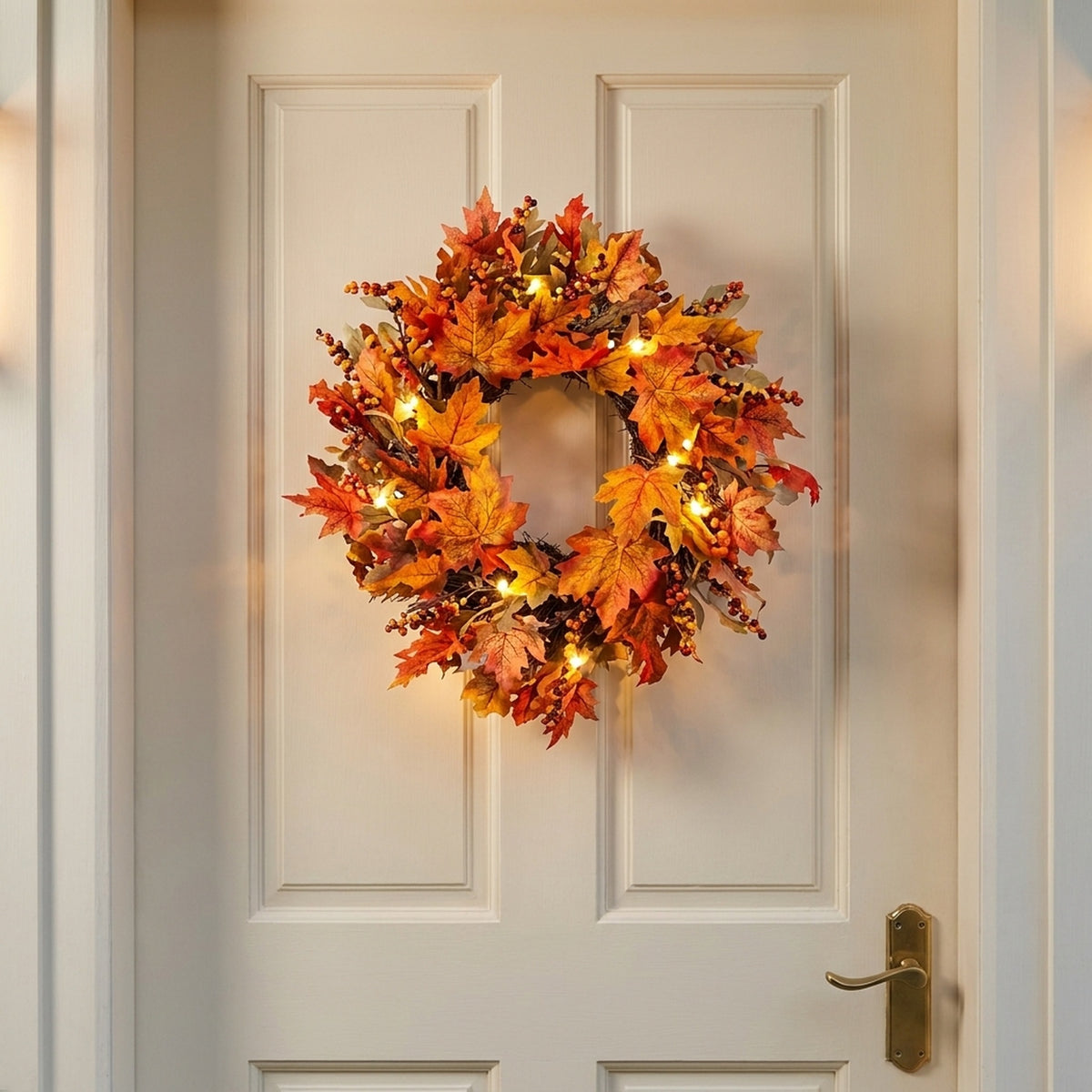 Lighted Maple Leaves Rattan Wreath