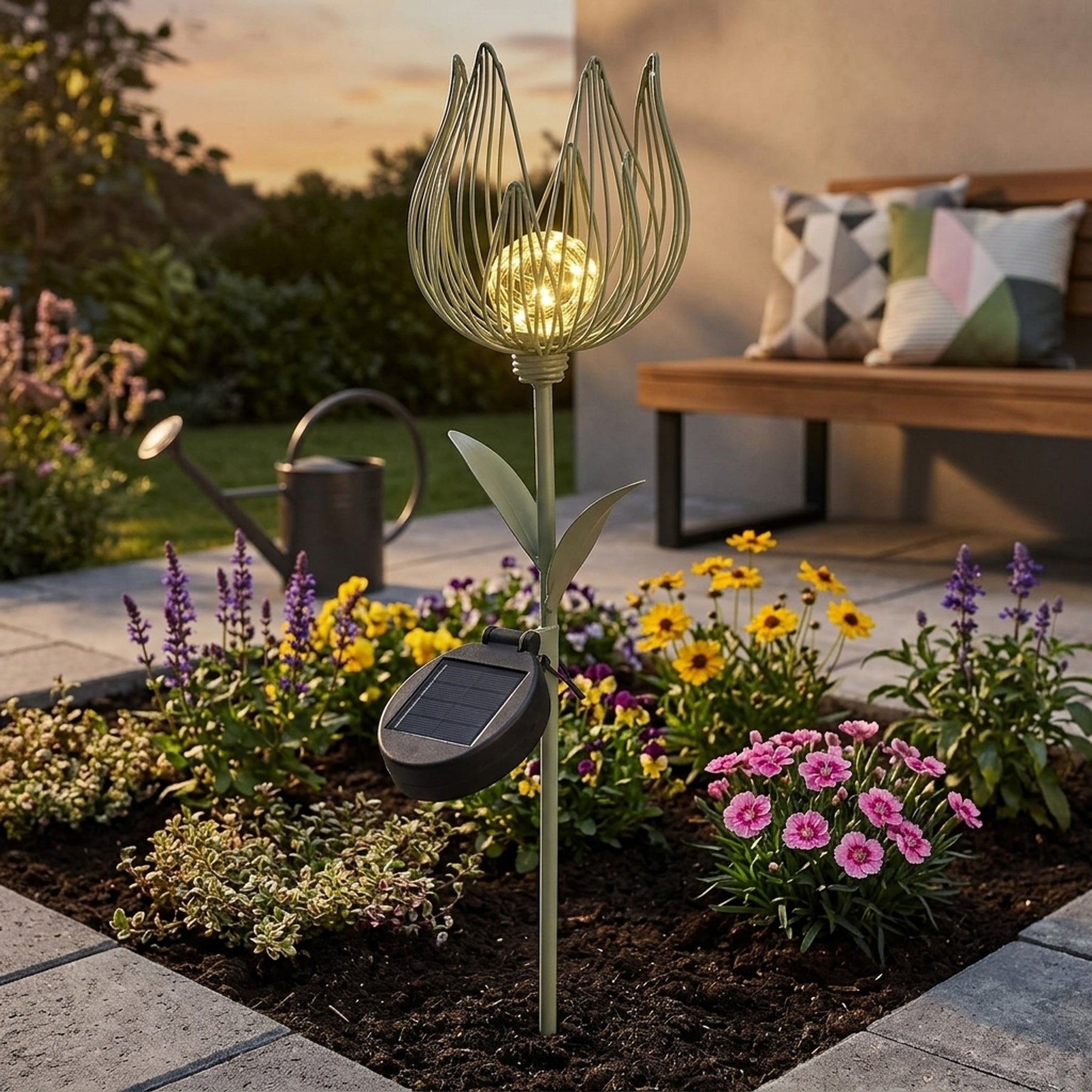 Sage Green Solar Metal Flower Garden Stake Light