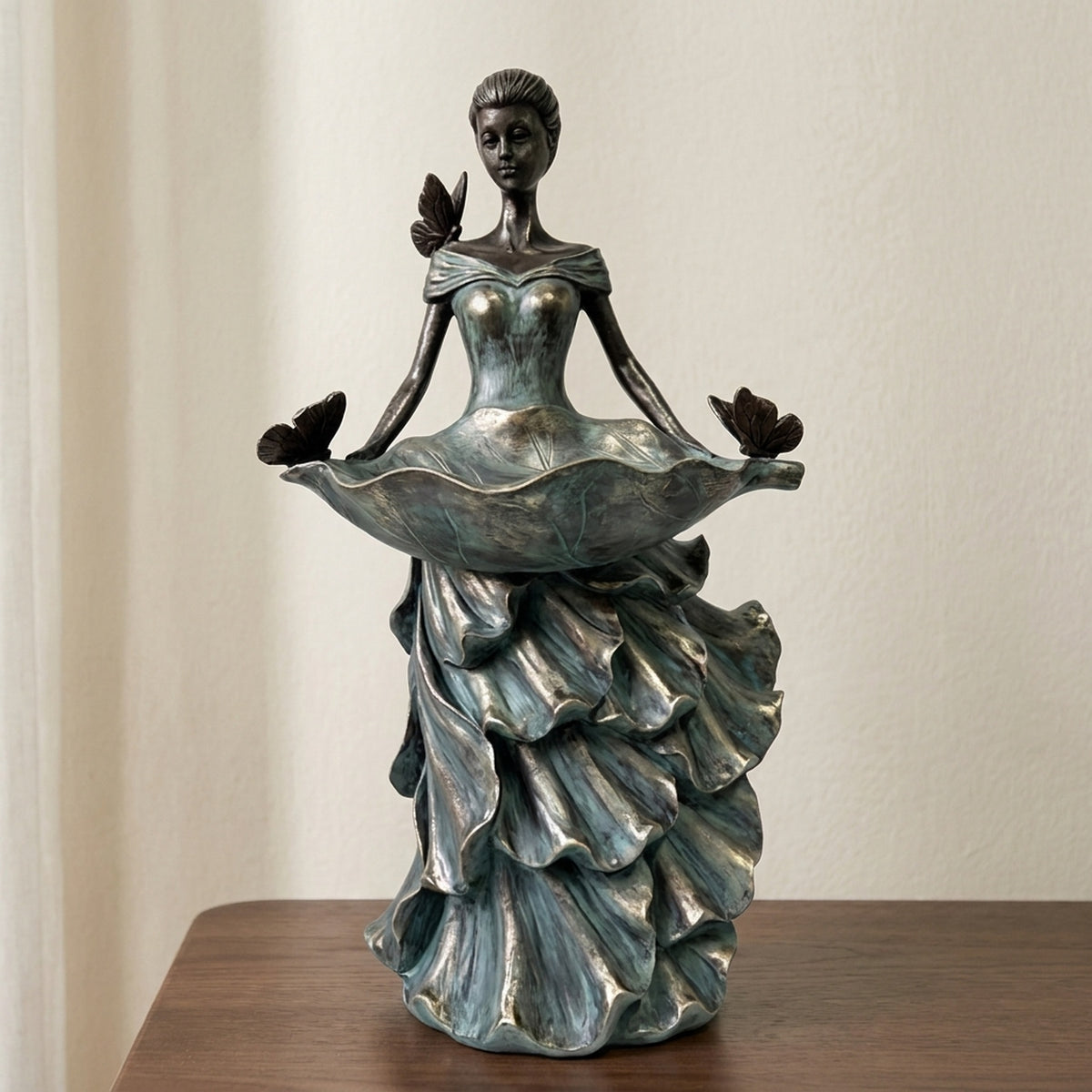 Bronze-Effect Lady with Leaf Sculpture