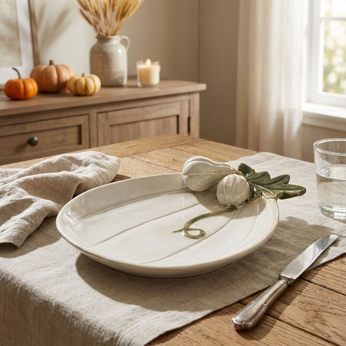Cream Pumpkin Decorative Plate with Green Leaves