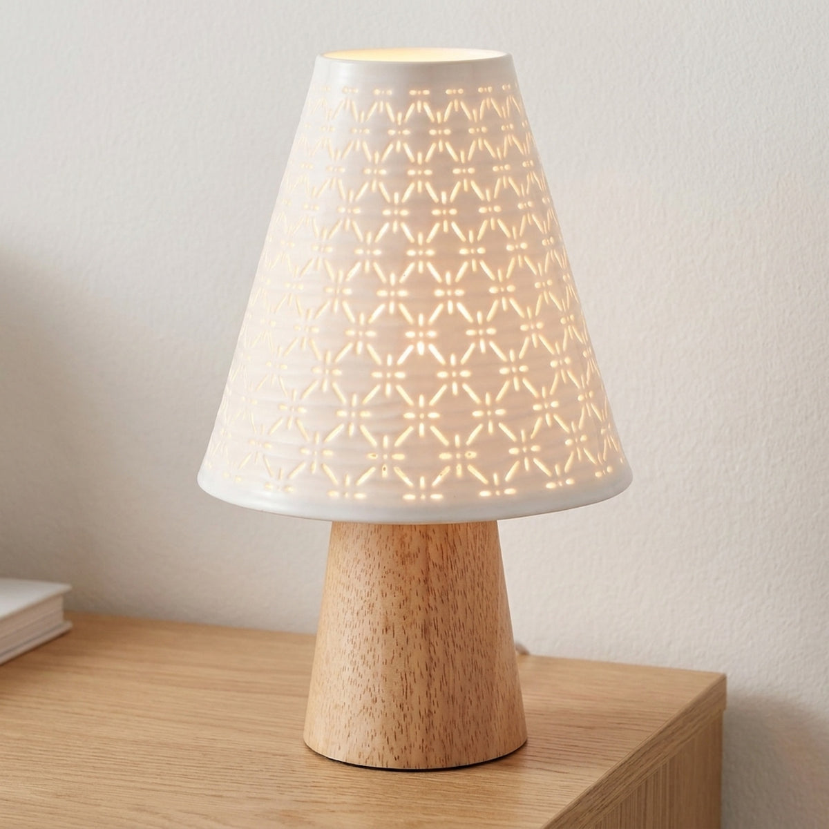 Geometric Ceramic Table Lamp with Wood Base