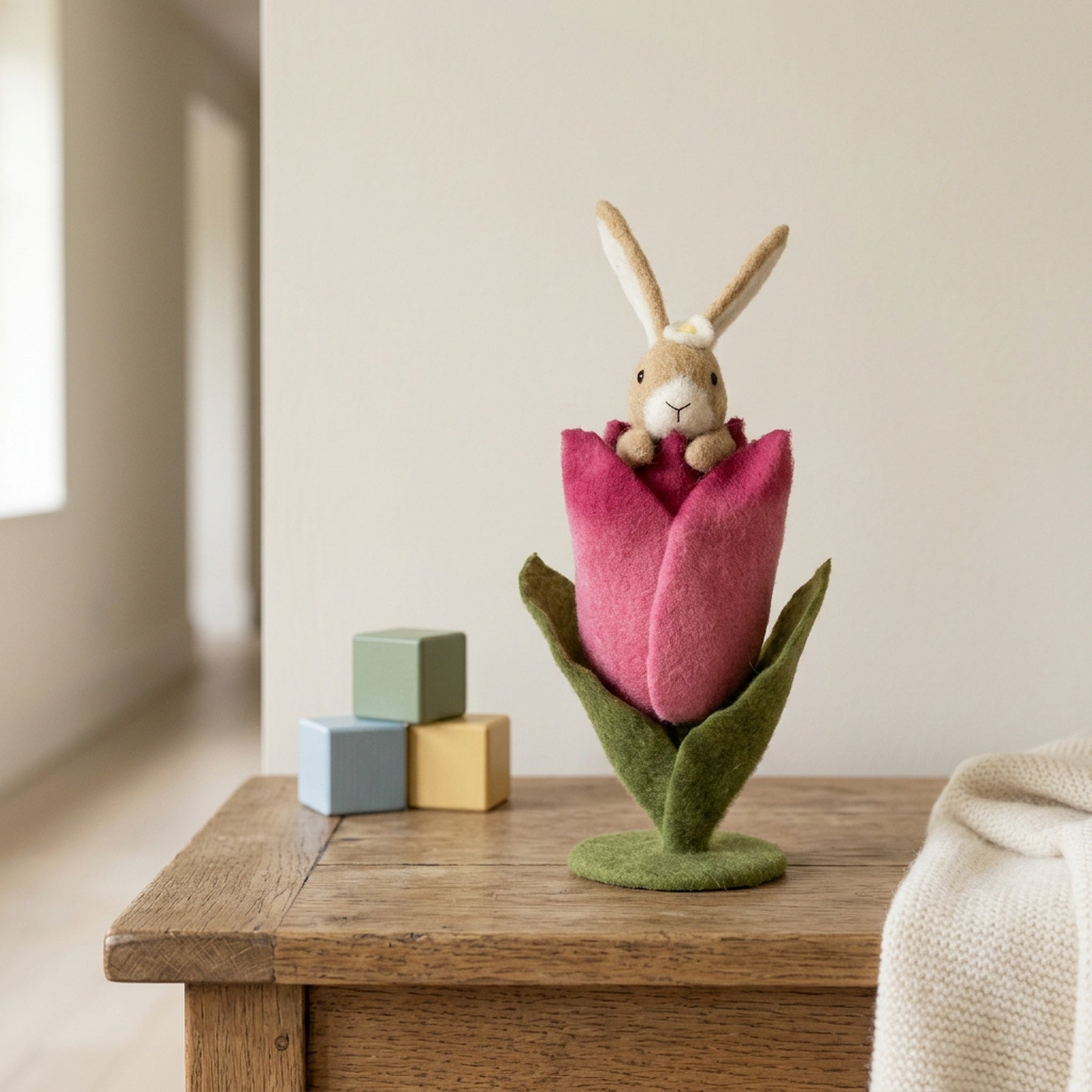 Felt Rabbit In Pink Tulip Head Flower