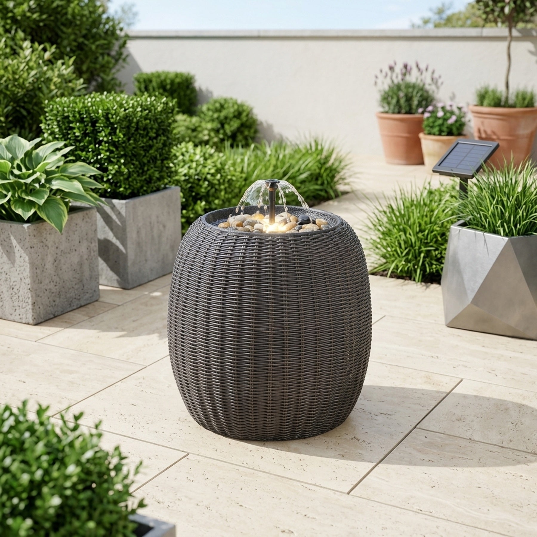 WaterWeave Rattan Bowl Solar Water Feature