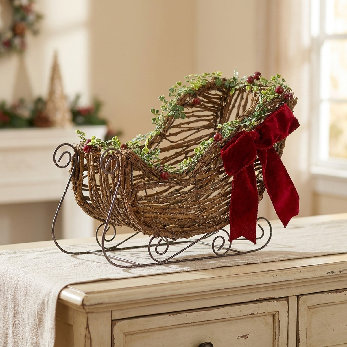 Decorative Rattan Sleigh with Red Bow