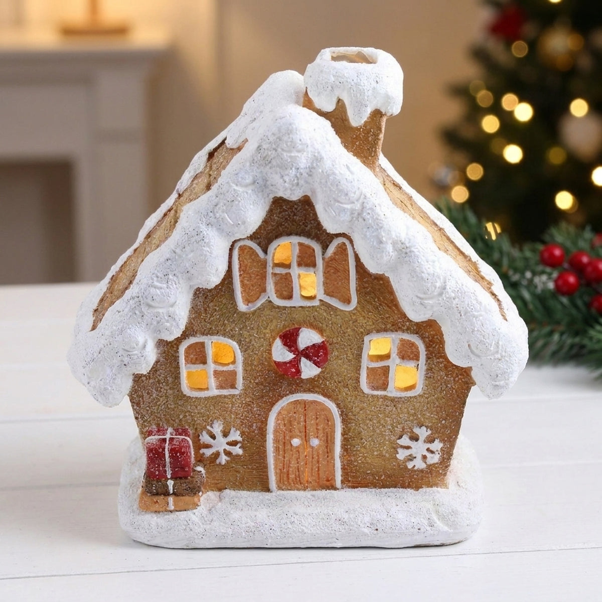 LED Snowy Gingerbread House with Gift Stack