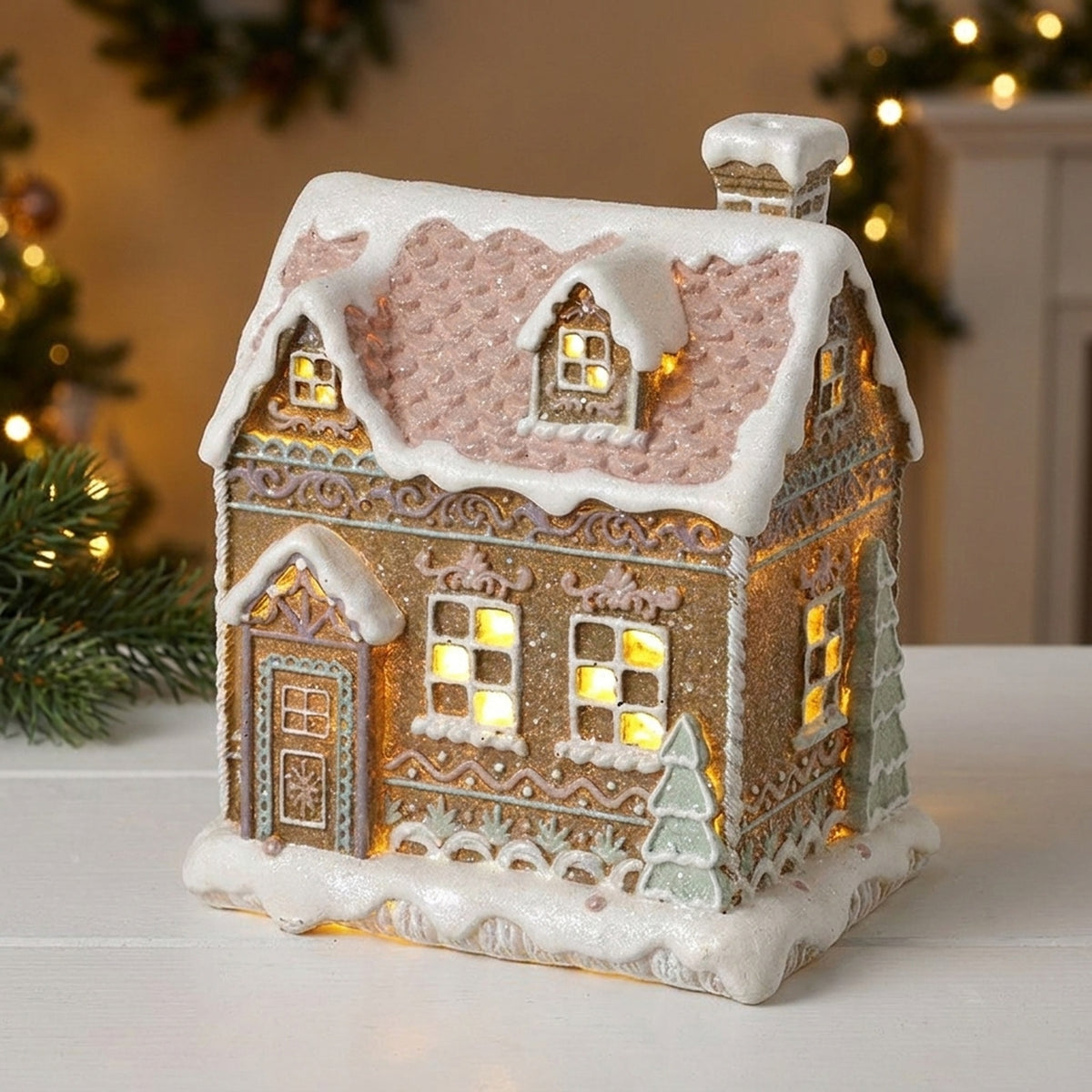 Resin Snowy Gingerbread House LED Ornament