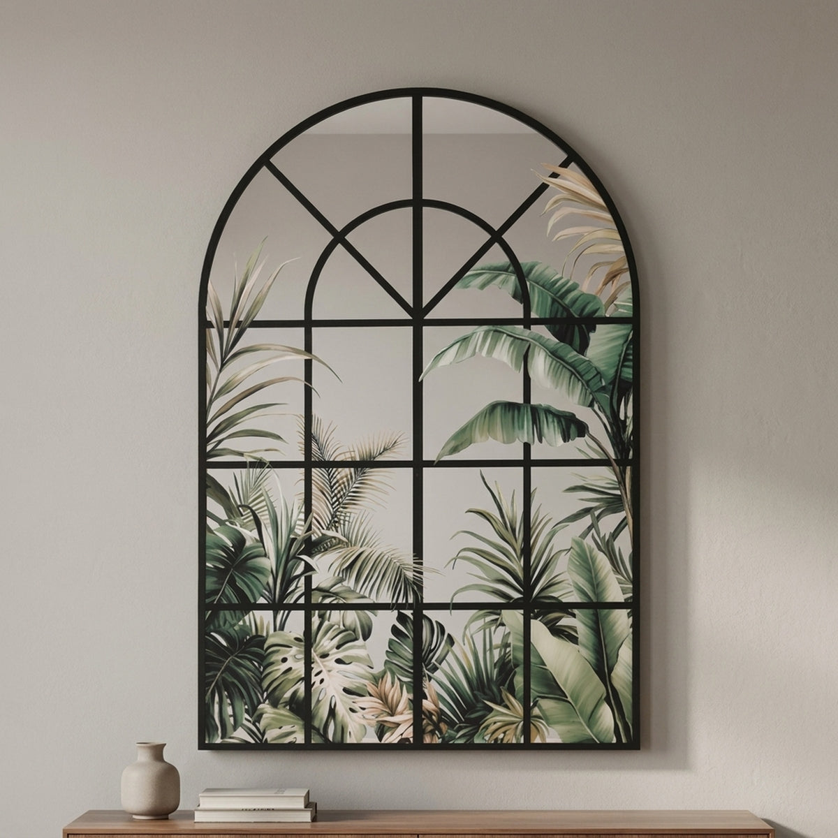 Arched Window Mirror with Tropical Leaf Print