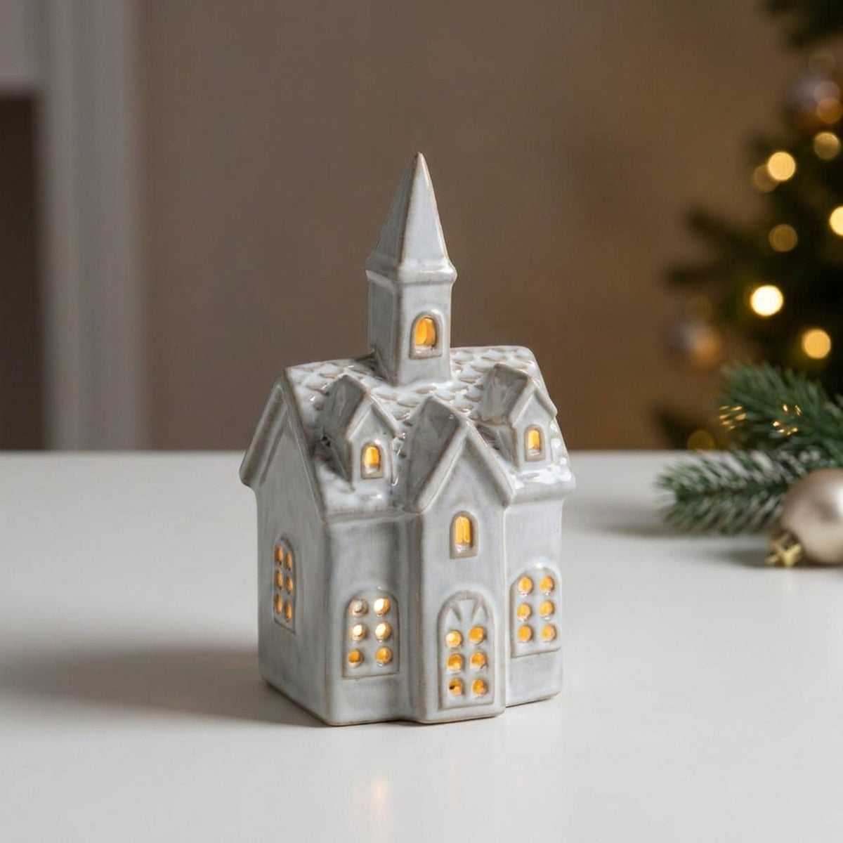 Ceramic LED Church with Natural Glaze Light