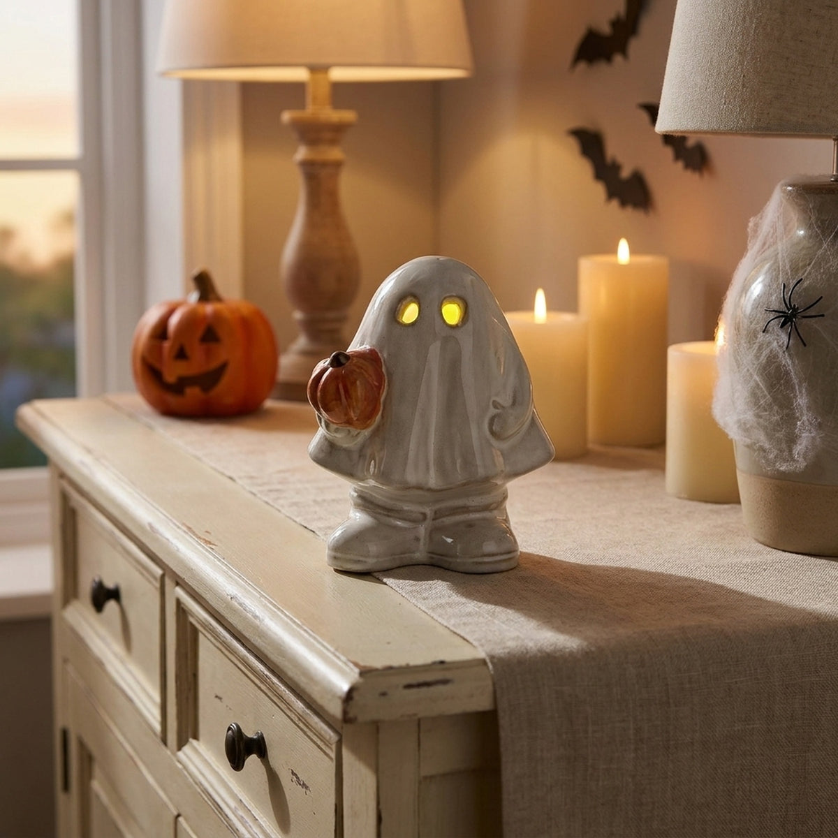 Whimsical Ceramic Light-Up Ghost Ornament