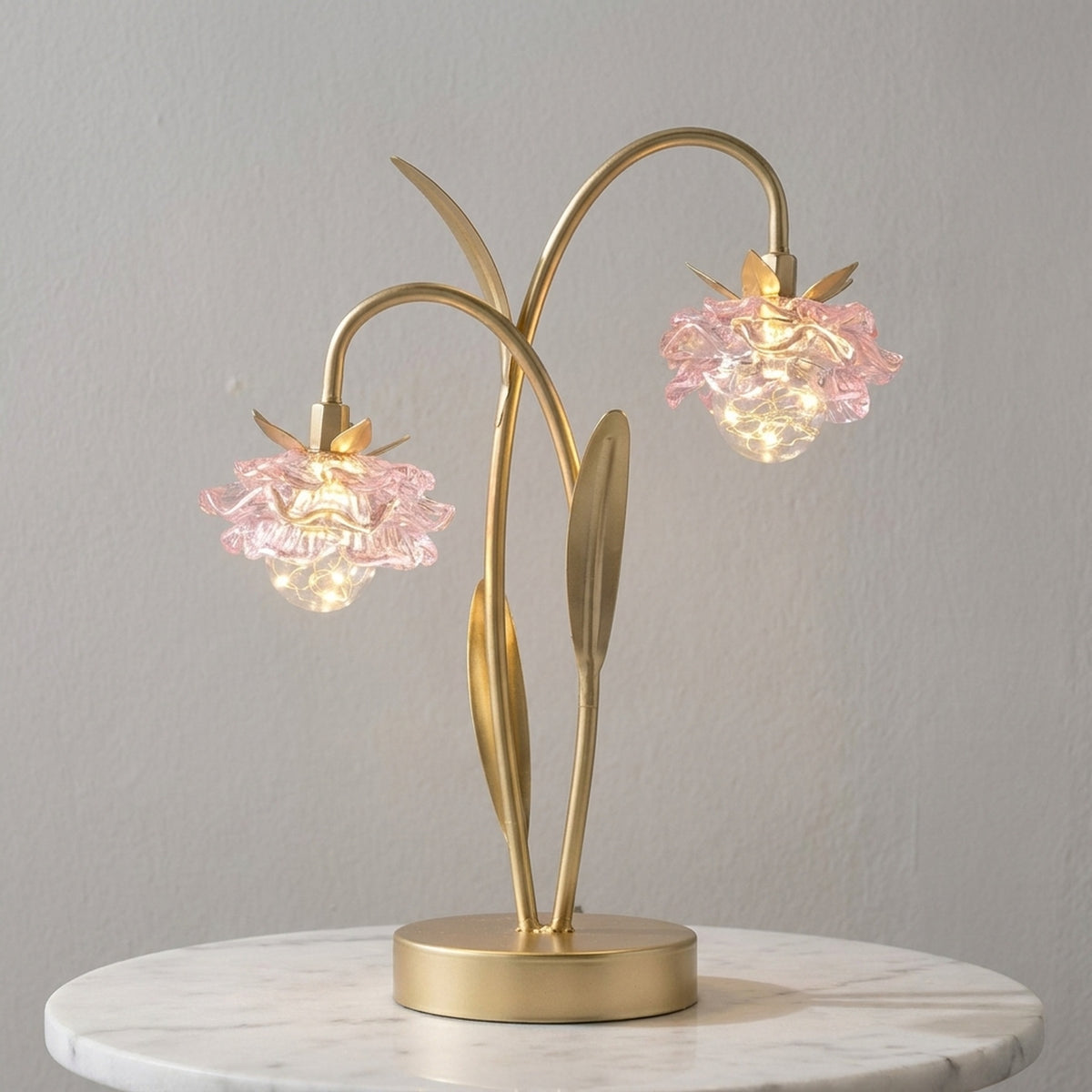 Two Stem Pink Glass Flower LED Table Lamp