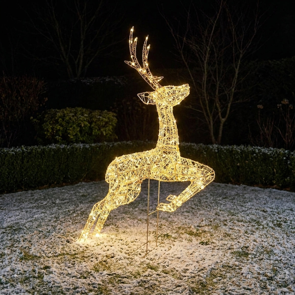 Twinkling Lit White Metal Jumping Stag
