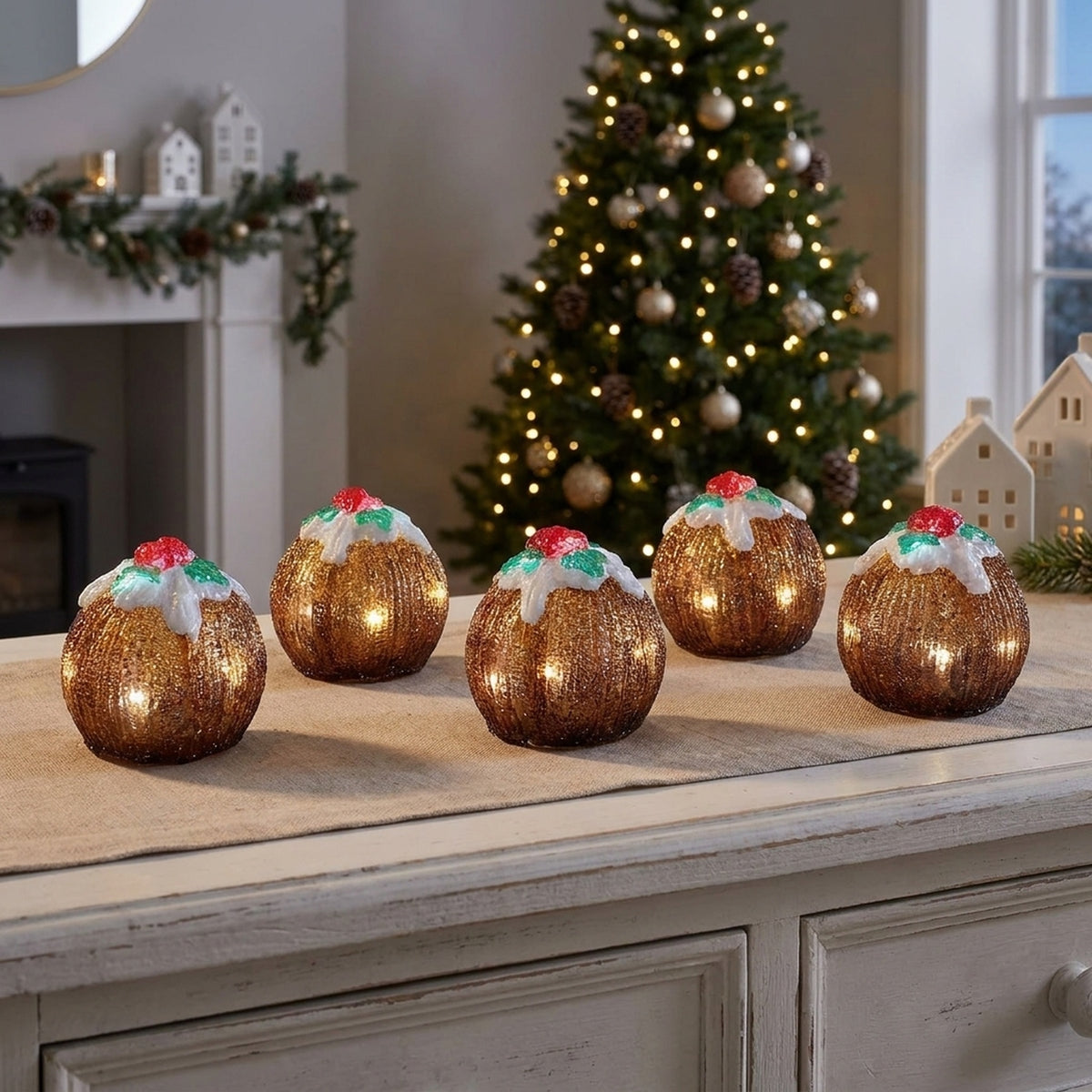 Twinkling Illuminated Christmas Pudding Ornaments