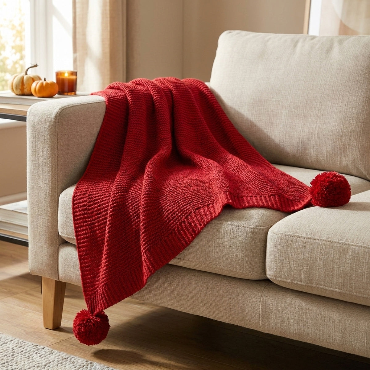 Soft Chenille Knit Pom-Pom Throw