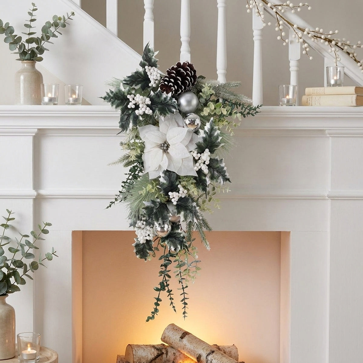 Frosted Greenery Poinsettia Christmas Swag