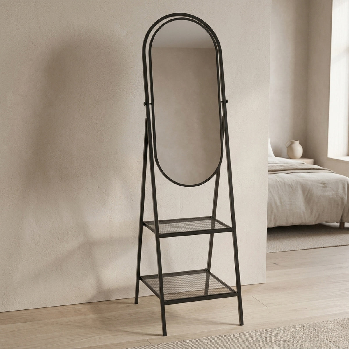 Tall Black Free-Standing Oval Mirror with Shelves