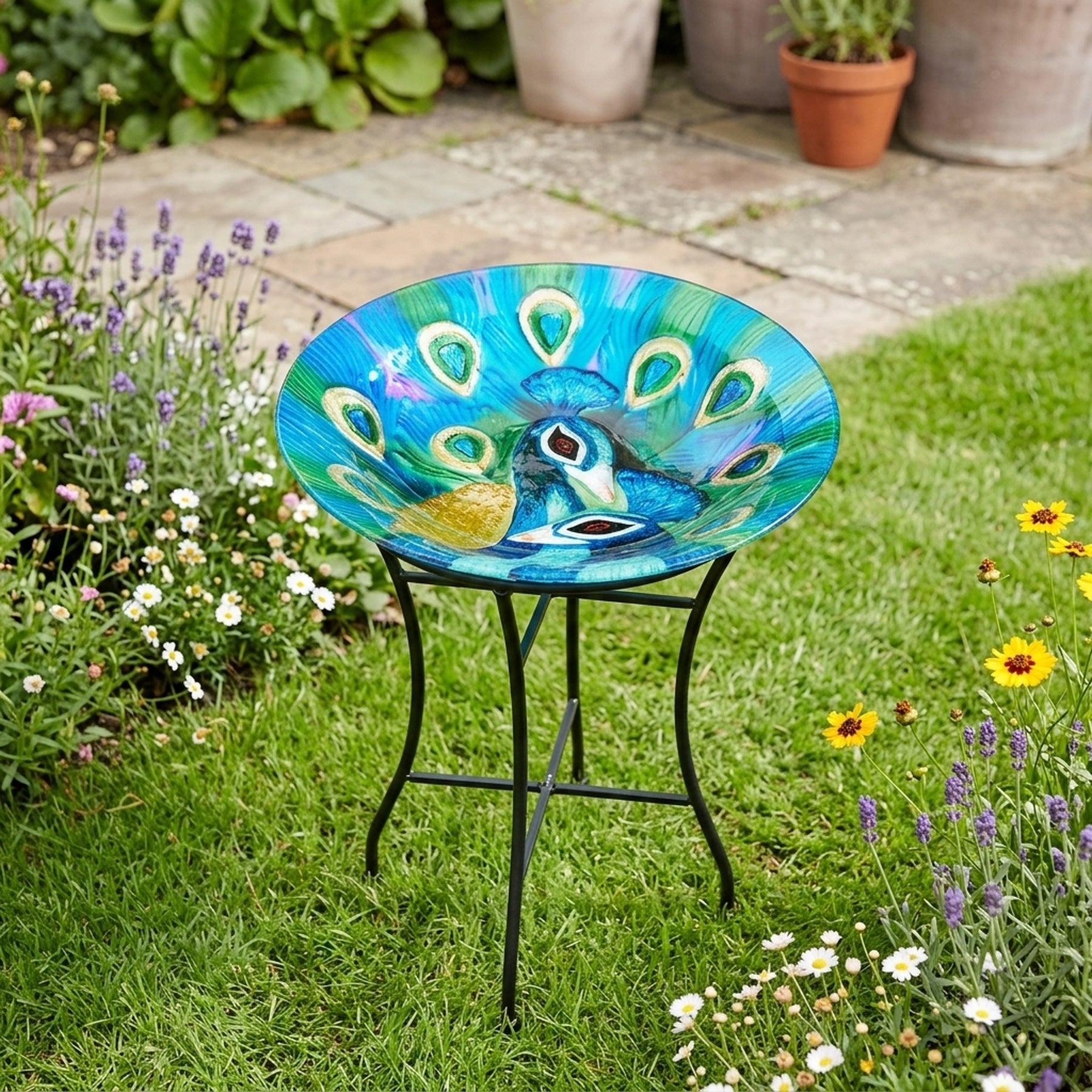 Haxon Painted Peacock Glass Birdbath