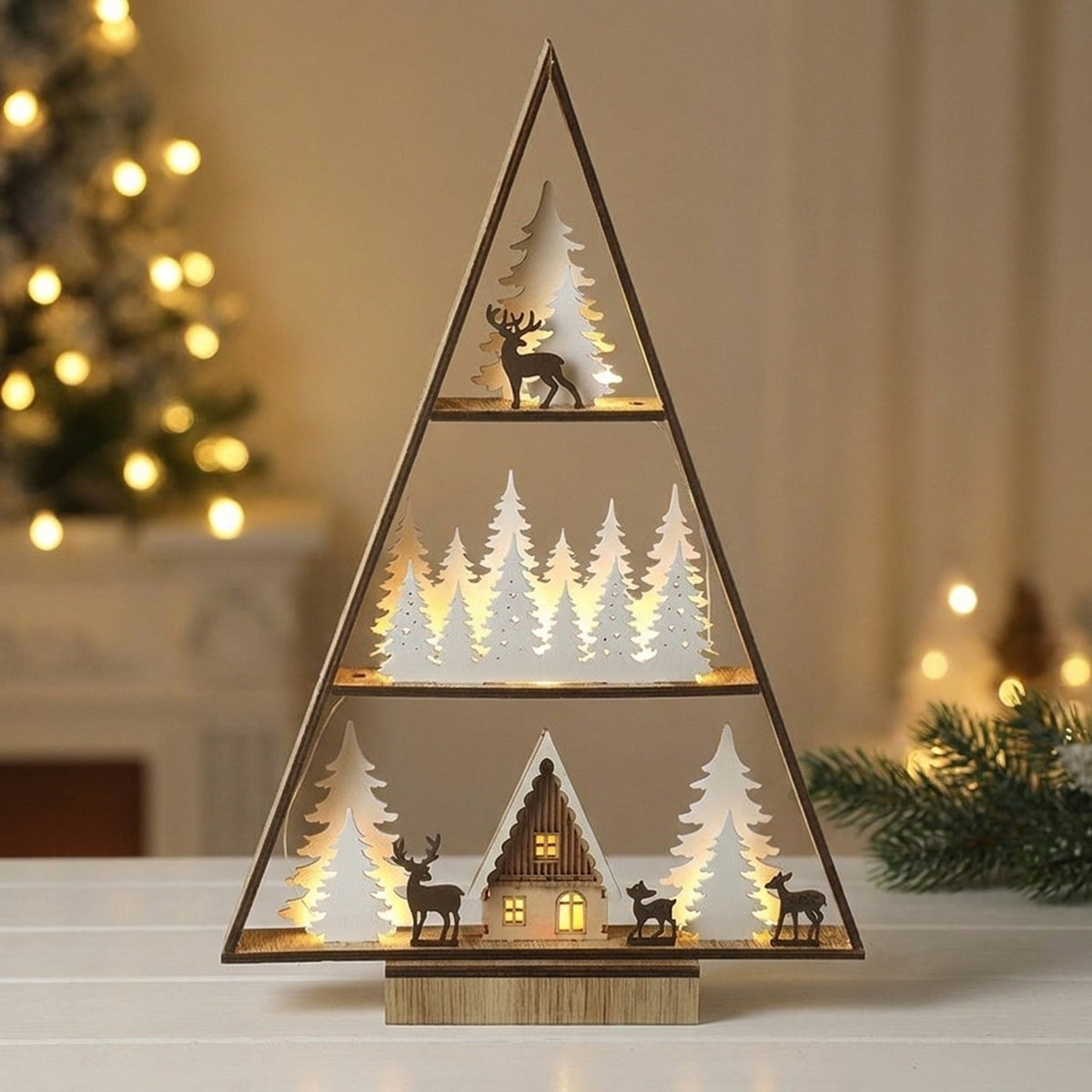 Wooden LED Christmas Tree Scene Ornament