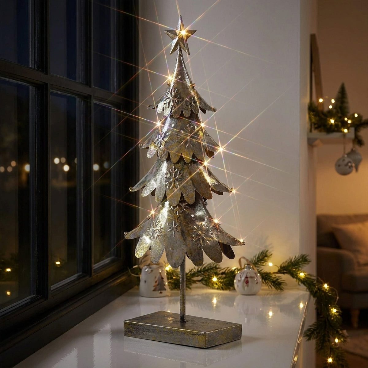 Old Gold Metal Light-Up Christmas Tree Ornament