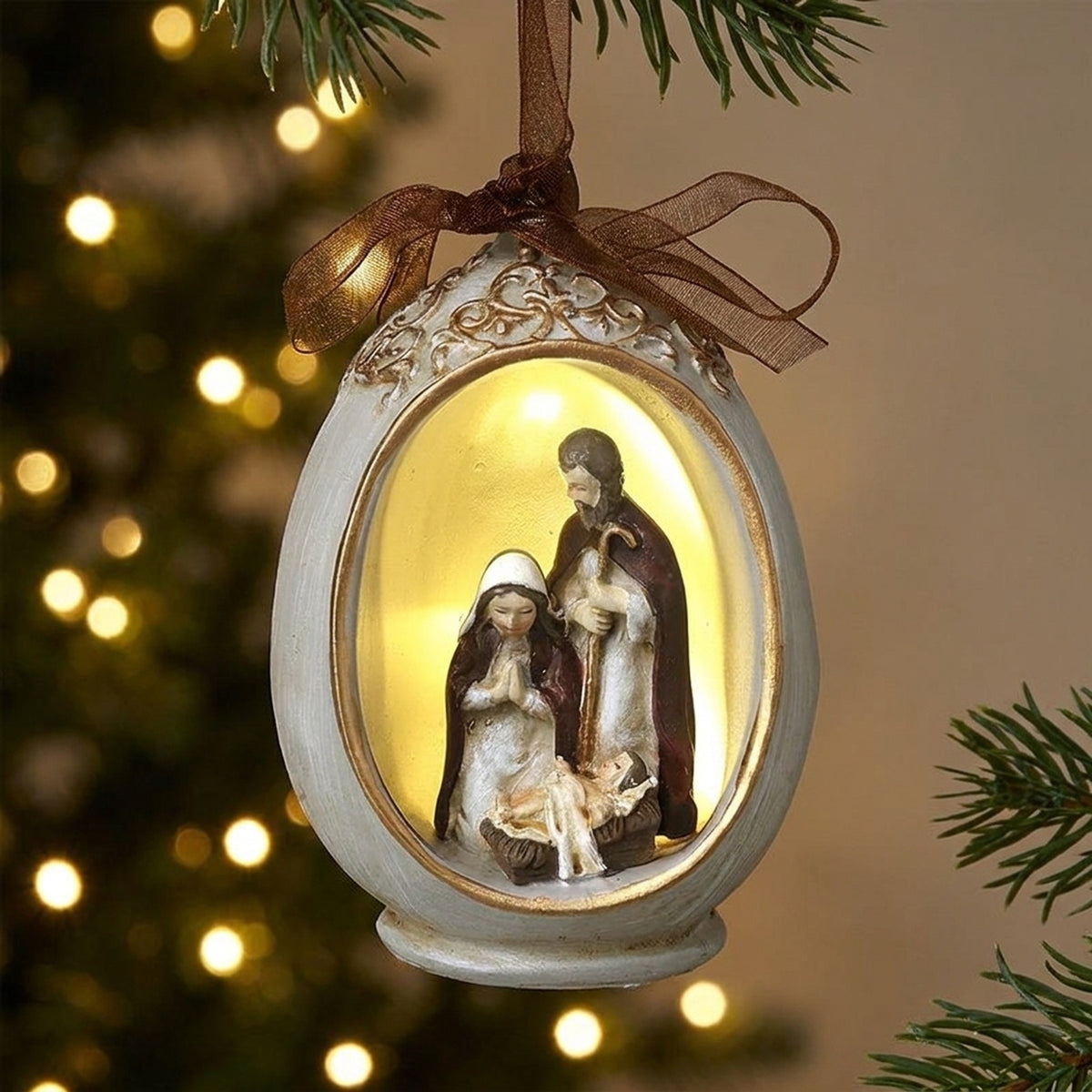 White Resin Led Nativity Scene Bauble Statement Light