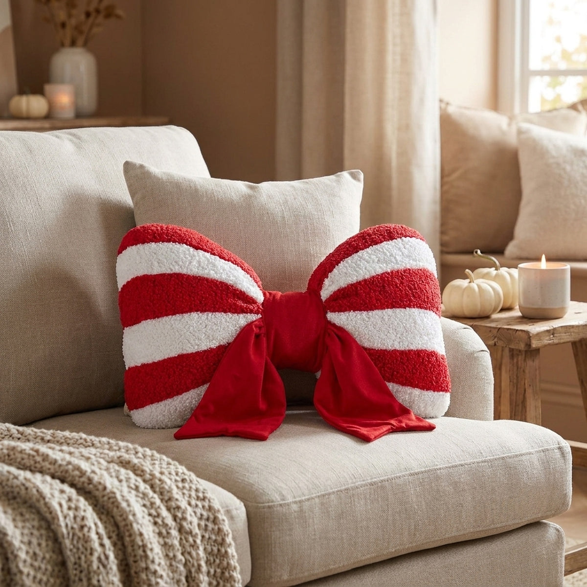 Festive Candy Cane Bow Cushion
