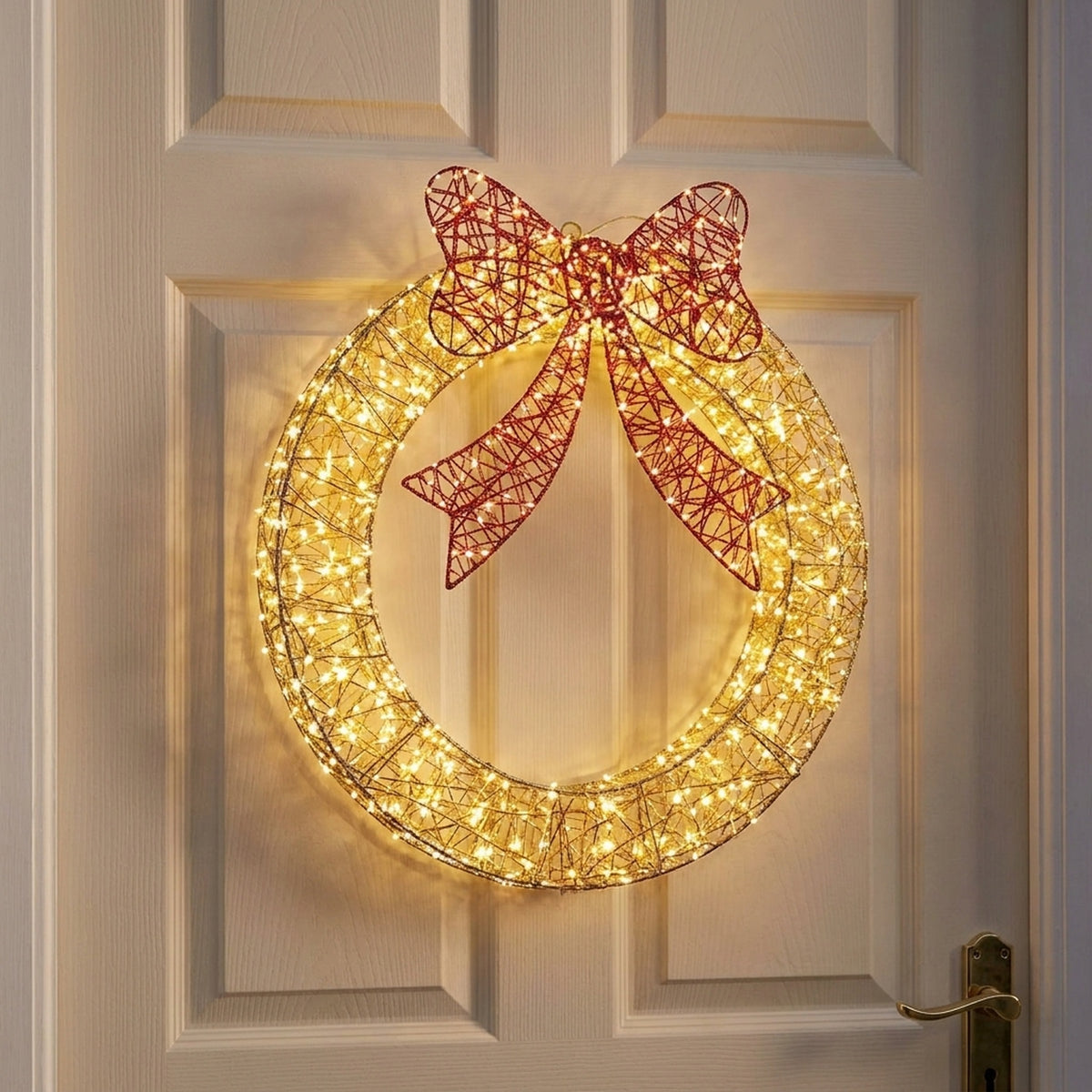 Lit Golden Elegance Twist Wreath with Red Bow
