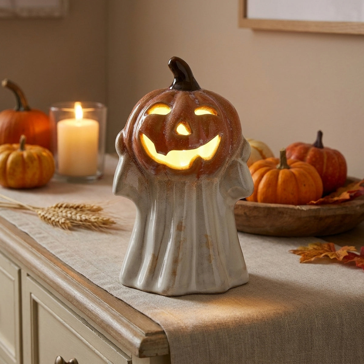 Ghost With Pumpkin Head Light Up Ornament