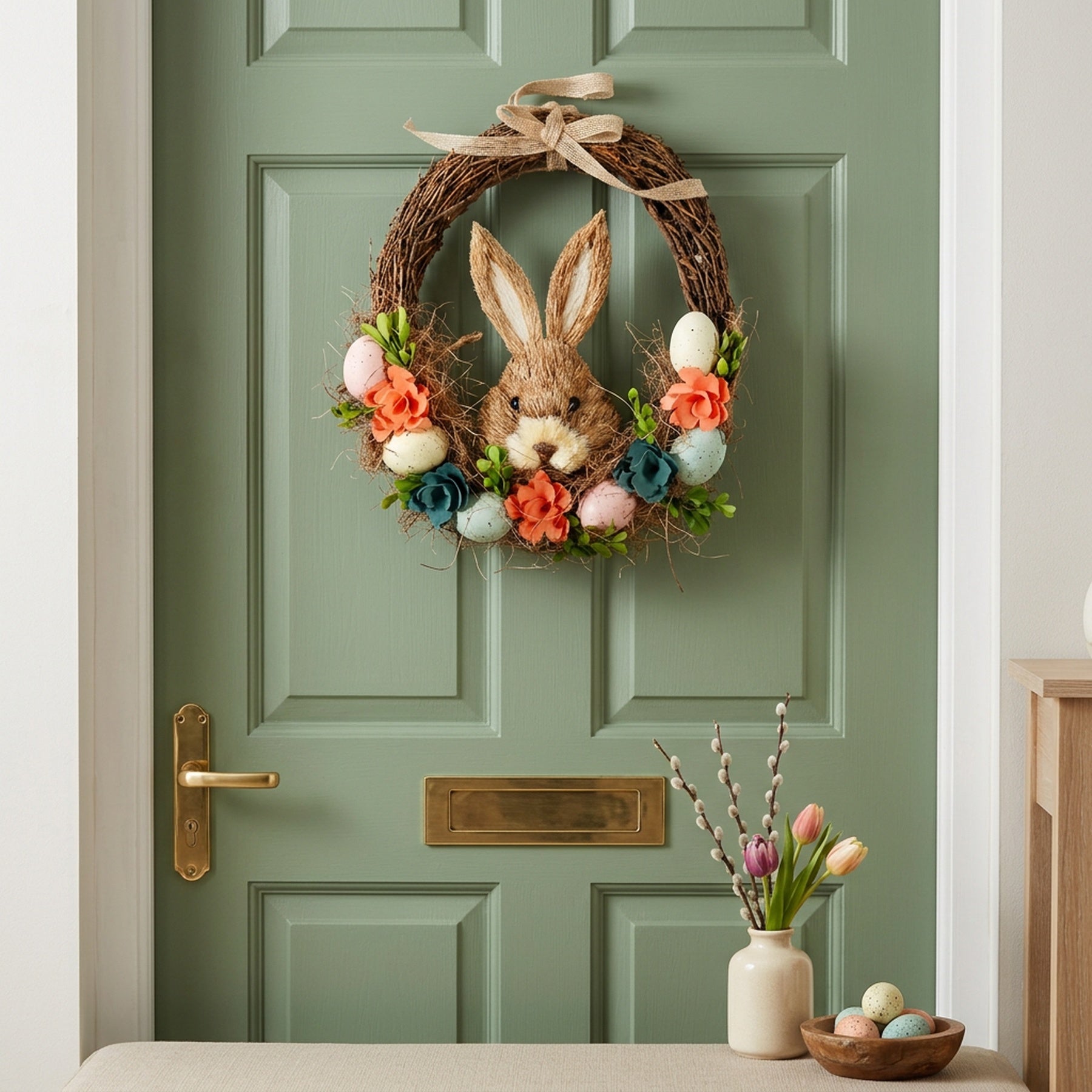 Easter Half Wreath with Rabbit and Flowers