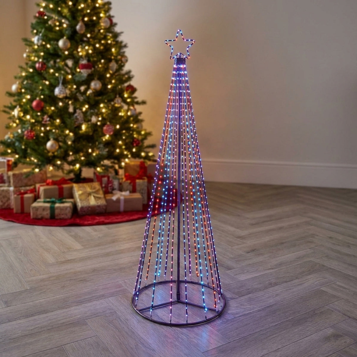 Multi Action Lit Pyramid Tree with Rainbow Lights