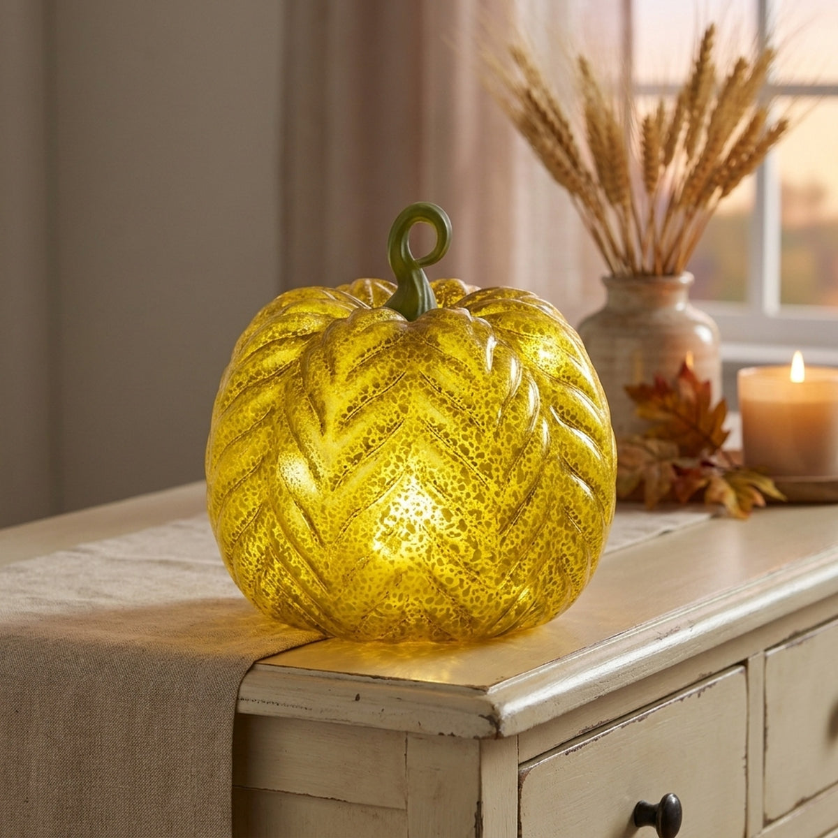 Welcome Glass Pumpkin Table Top Light
