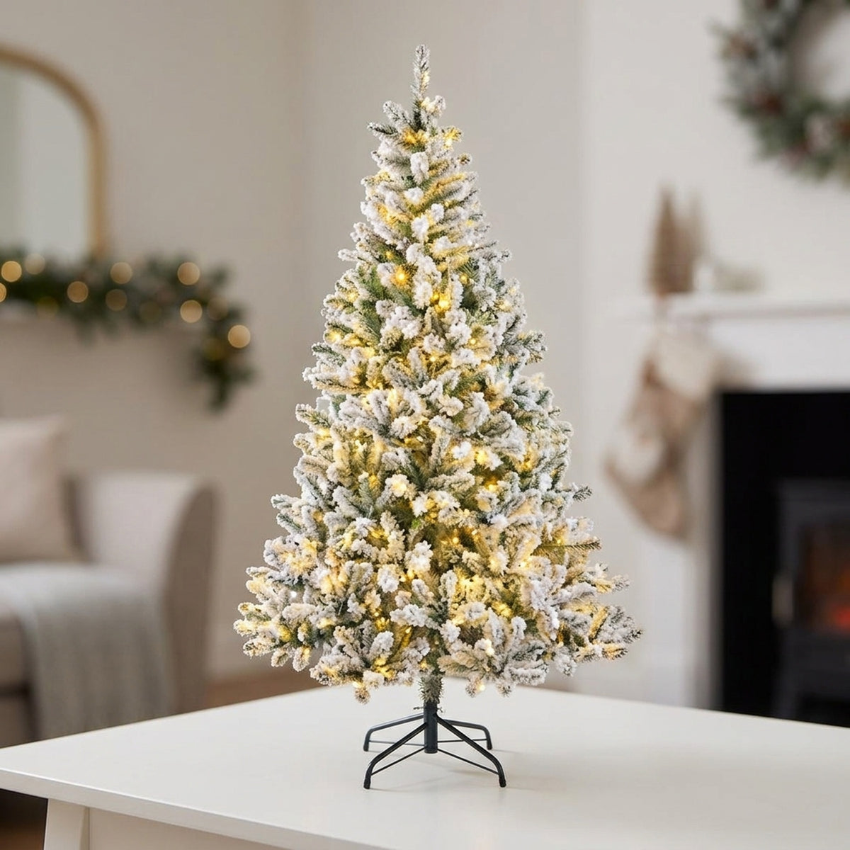 7ft Heritage Fir Pre Lit Flocked Woodcote Spruce Tree Display
