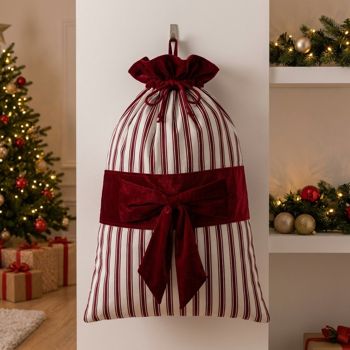 Traditional Striped Faux Velvet Bow Christmas Sack