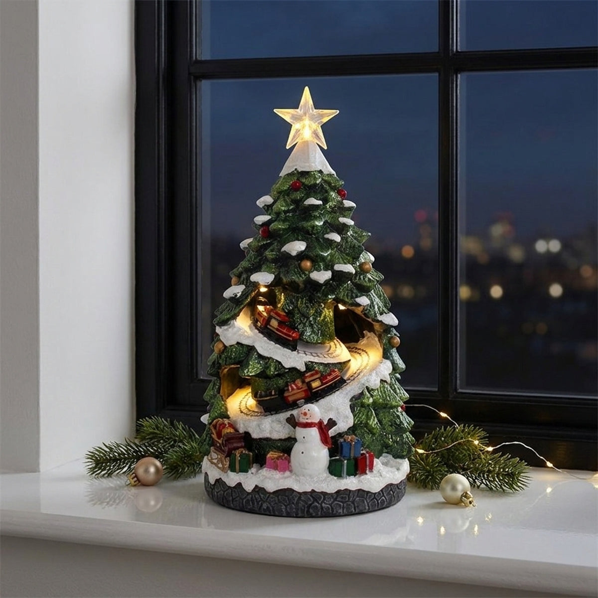 Festive Tree Ornament with Moving Train and Illuminated Star