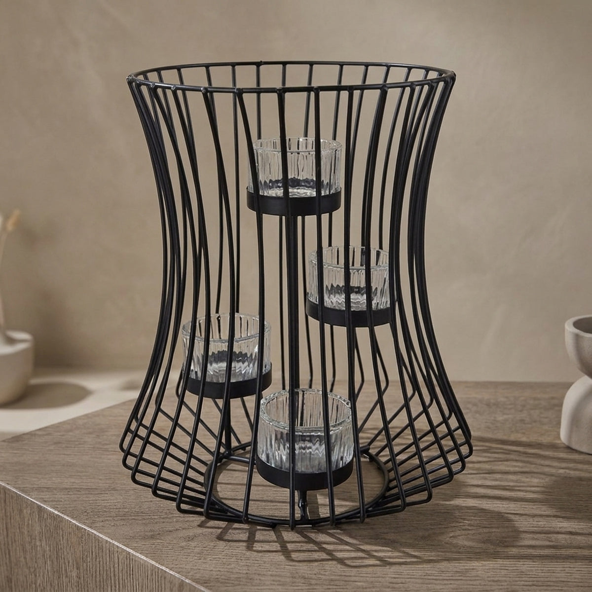 Sleek Black Metal Cage Four Tealight Holder