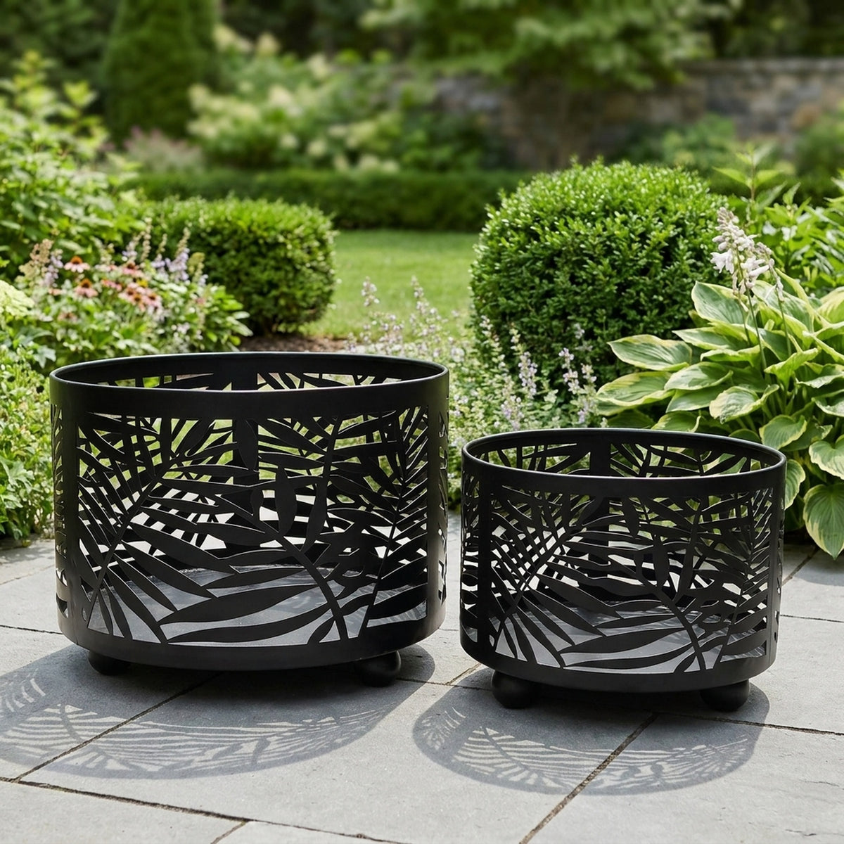 Set of Two Metal Leaf Garden Fire Pits