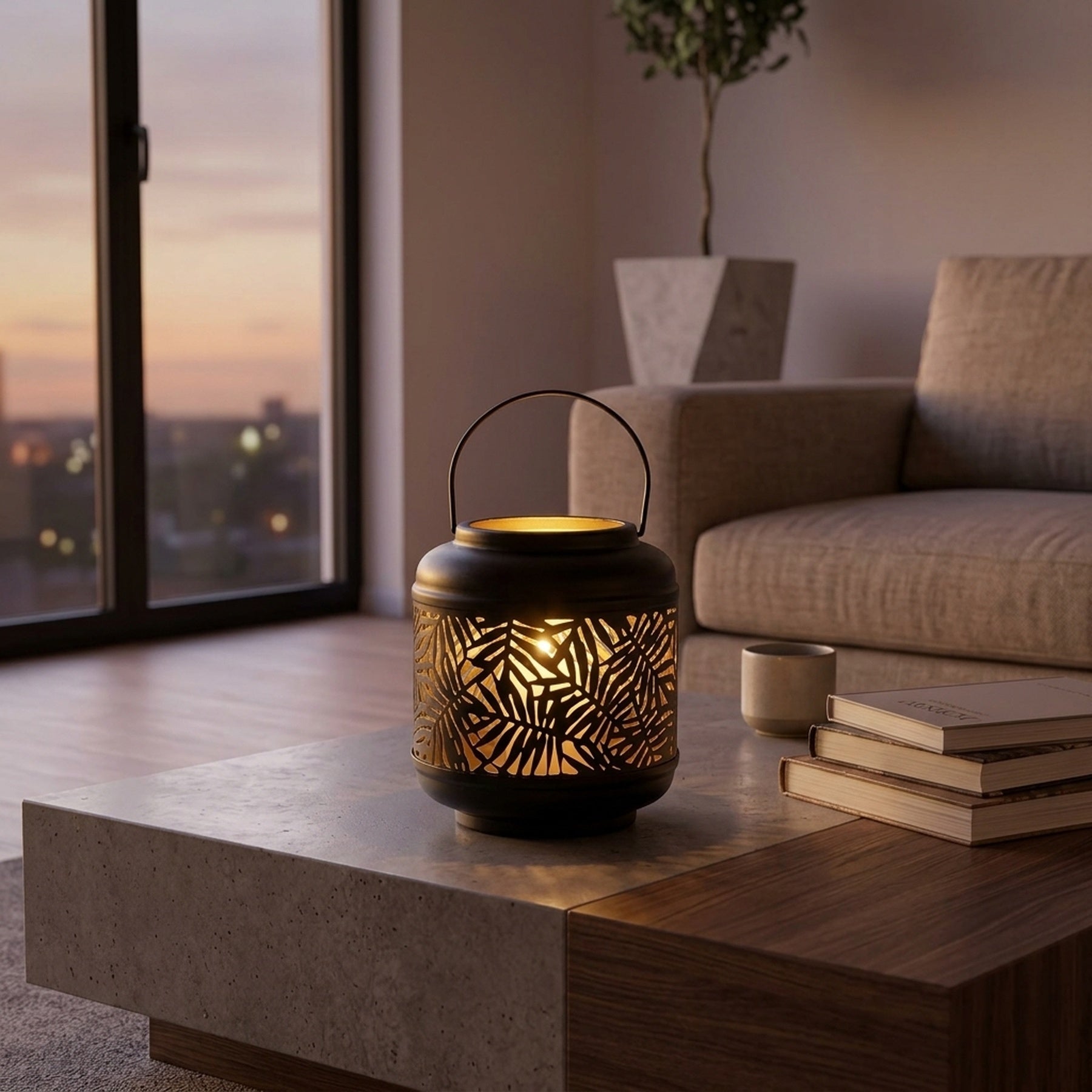 Black Metal Leaf Lantern with Gold Inside