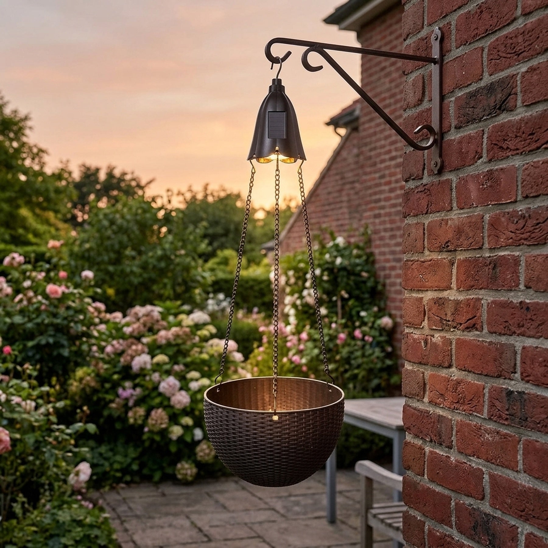 Solar Rattan Effect LED Hanging Basket Light