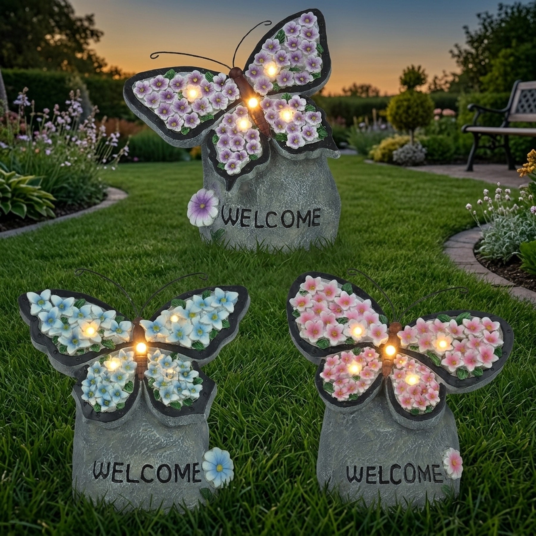 Whimsical Butterflies on Rock Solar Garden Ornament