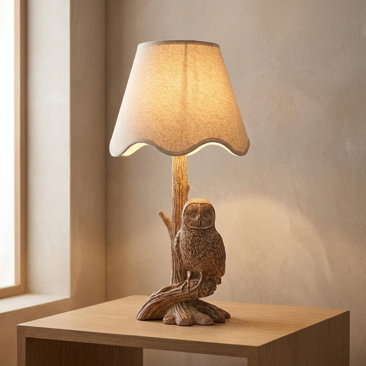 Wood Effect Resin Owl Table Lamp