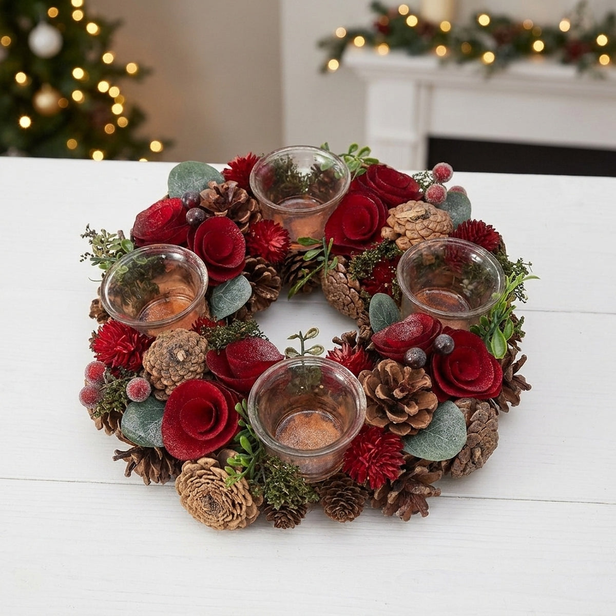 Red Cone Wreath Tealight Holder Door Accent