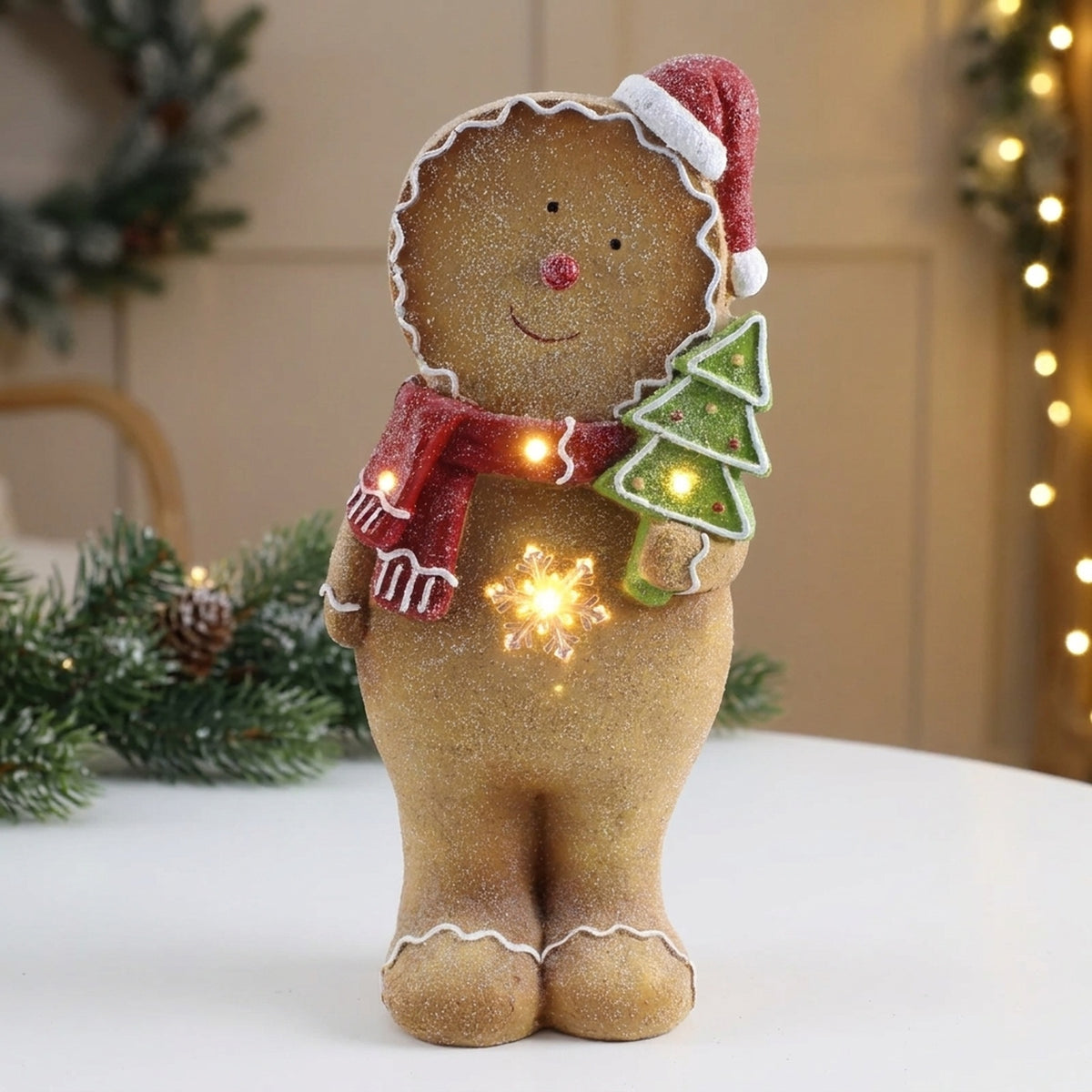 Gingerbread Man with LED Christmas Tree Figurine