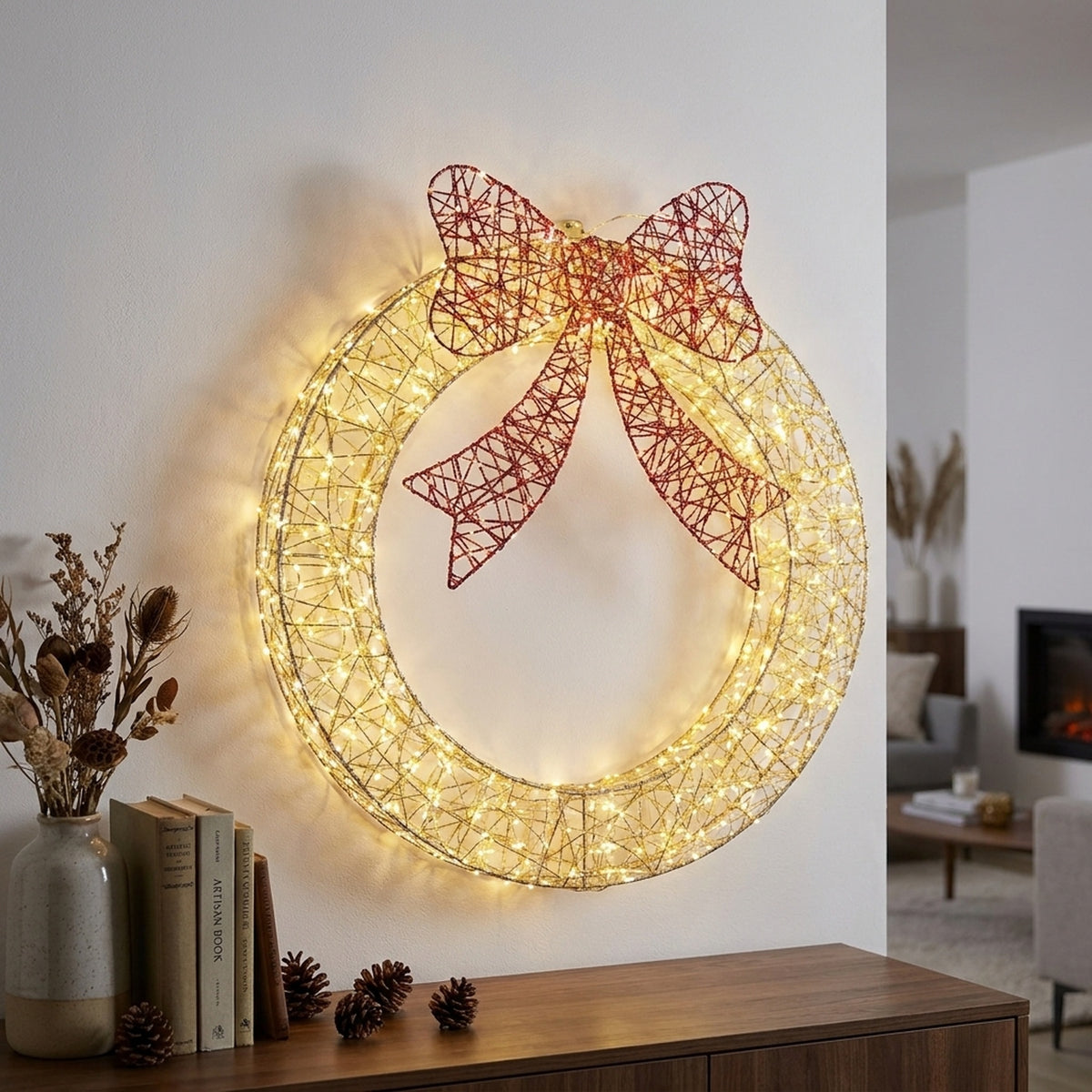 Illuminated Golden Twisting Wreath
