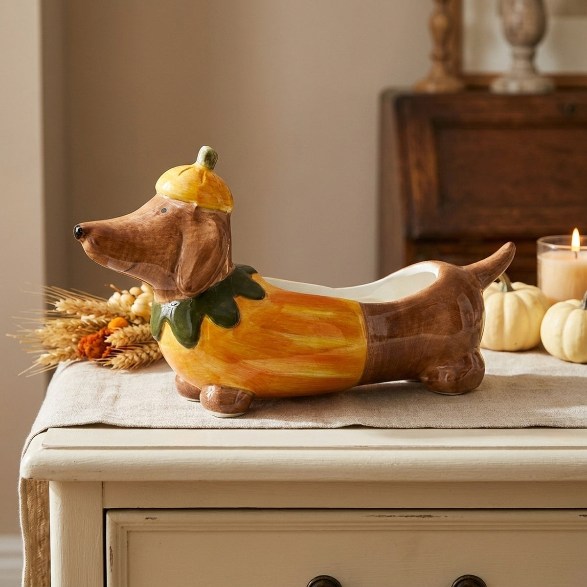 Autumnal Sausage Dog Decorative Pot