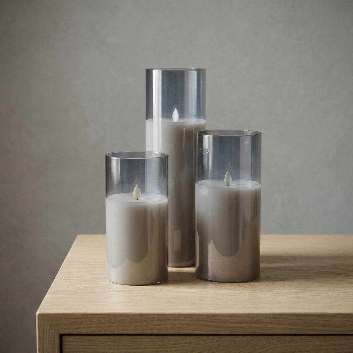 Set of Three Grey Glass LED Pillar Candles